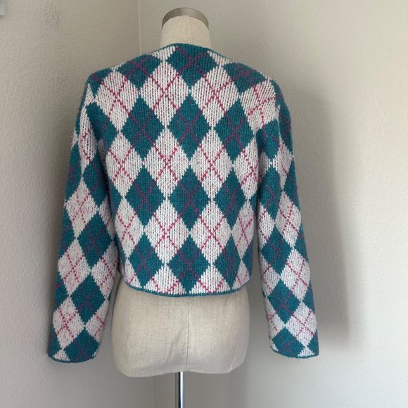 Zara Argyle Knit Jacquard Sweater Cardigan Round Neck Blue Color Sz S - Picture 5 of 8